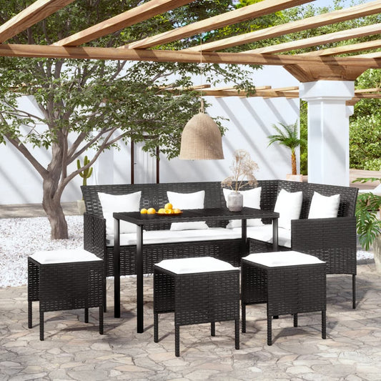 5 Piece L-shaped Couch Sofa Set with Cushions Poly Rattan Black